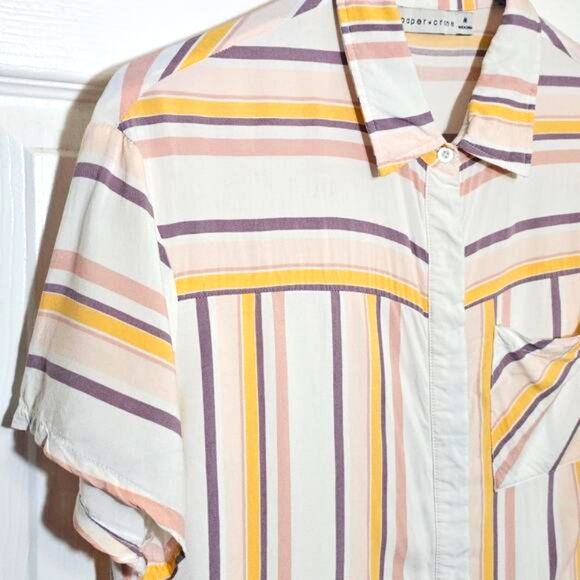 Paper‎ Crane Womens Medium Button Cropped Shirt Boxy Striped Pastel Retro Flowy - Picture 4 of 8